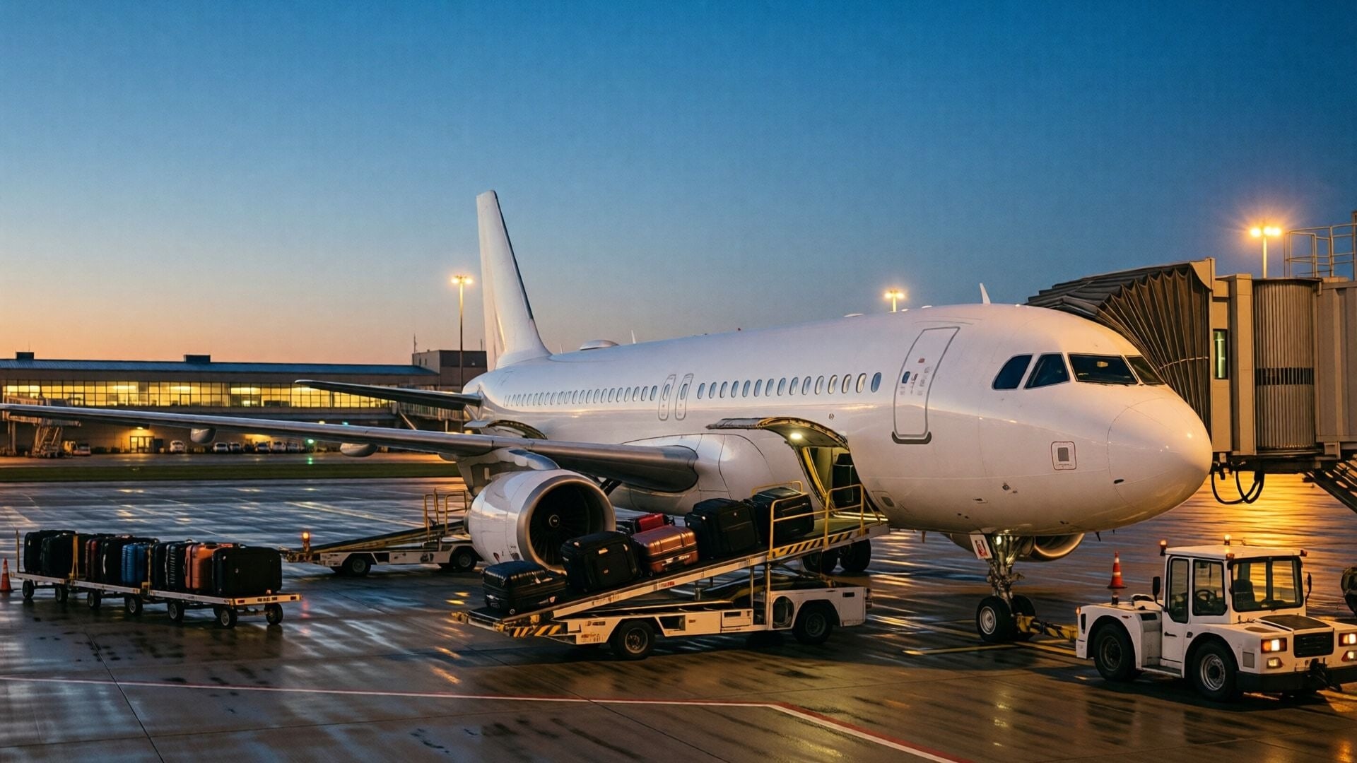 A plain white twin-engine passenger jet parked at an airport gate at dusk, with suitcases riding a conveyor belt into its open cargo hold and a short train of baggage carts waiting on the wet apron.