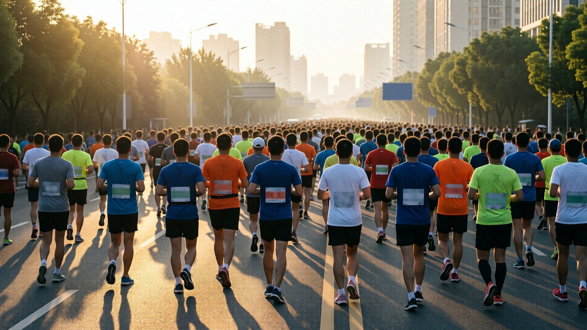A large field of marathon runners seen from behind, filling a wide city road lined with trees and tall buildings in soft early-morning light.